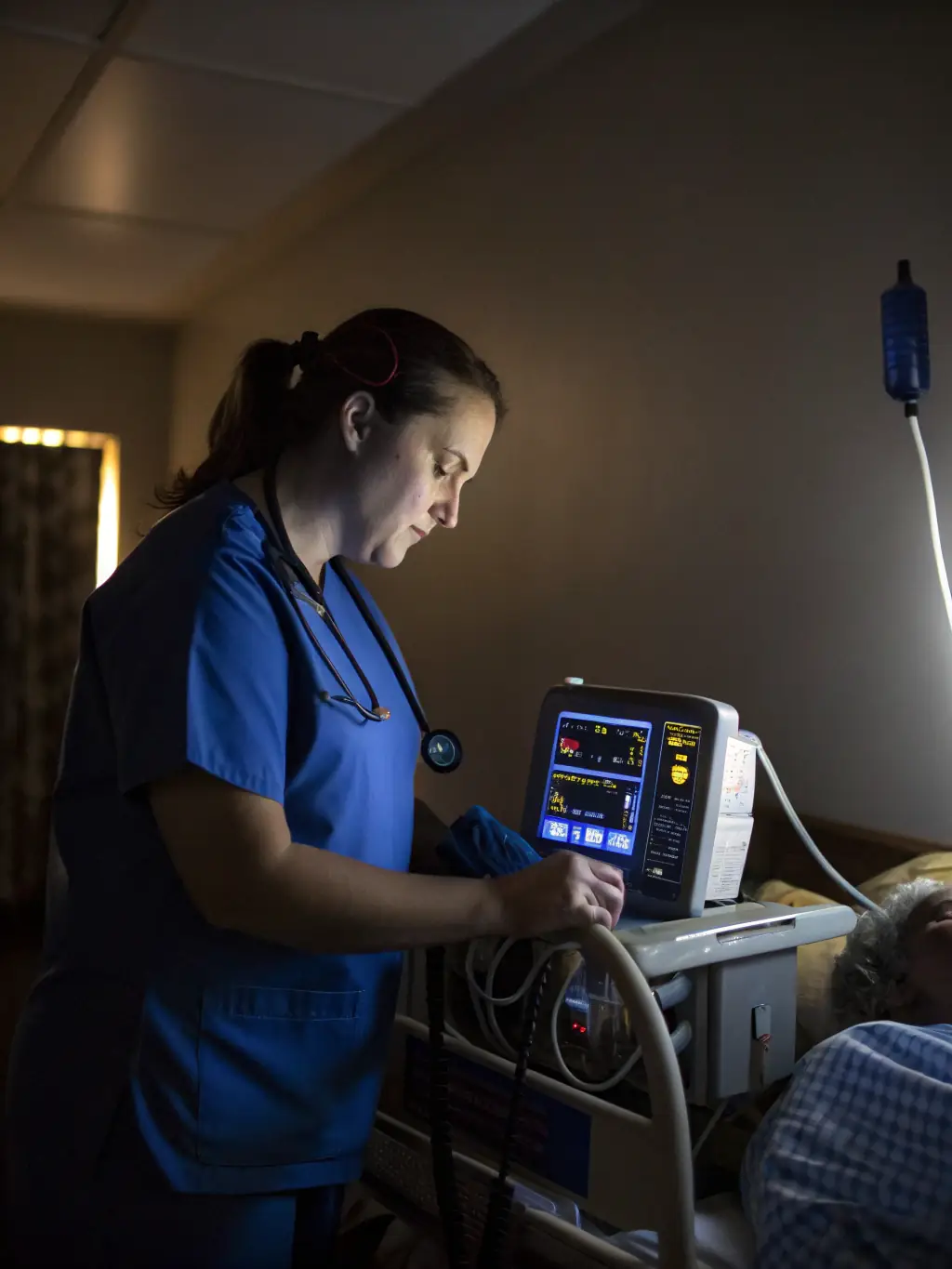 A compassionate nurse monitoring a patient in a home setting during night hours.
