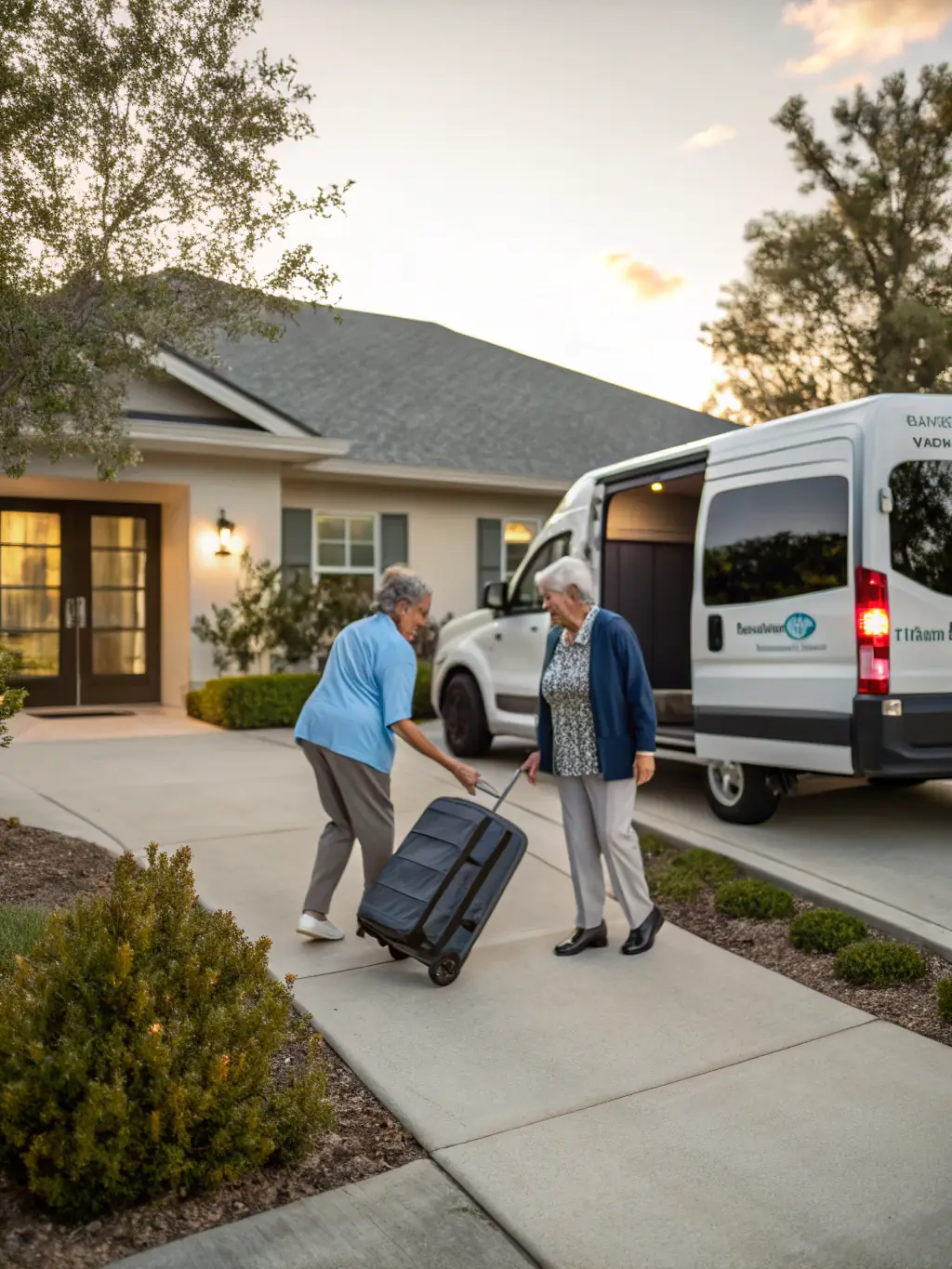 A professional driver assisting a senior client into a vehicle outside a medical facility.