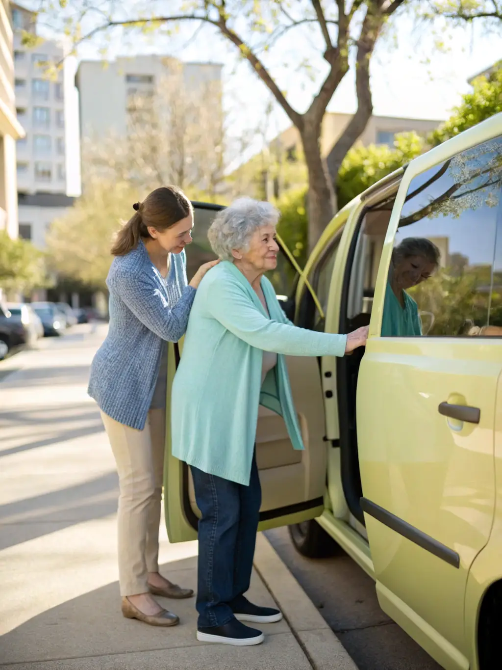 An image of a caregiver assisting a client into a comfortable, accessible vehicle for transportation to a medical appointment. The scene is bright and reassuring.