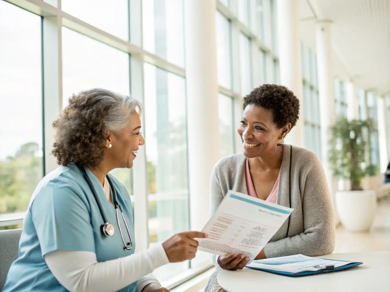An image depicting a healthcare professional coordinating with a physician, reviewing medical records, and discussing a patient's care plan.