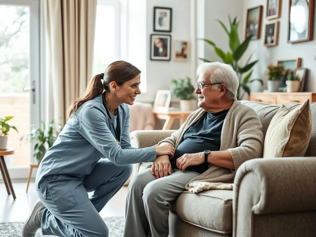 A Just Lean On Me, LLC nurse smiling and interacting with a client in a comfortable home setting. The image should highlight the compassionate care provided by the company's staff.