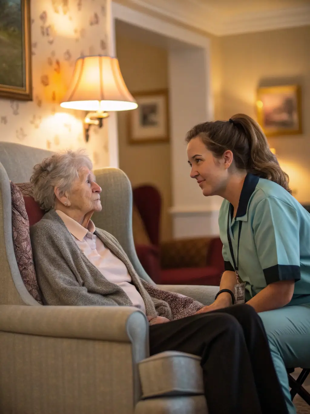 A serene image of a caregiver providing respite care to an elderly individual, while the family member (presumably the primary caregiver) looks on with relief and gratitude.
