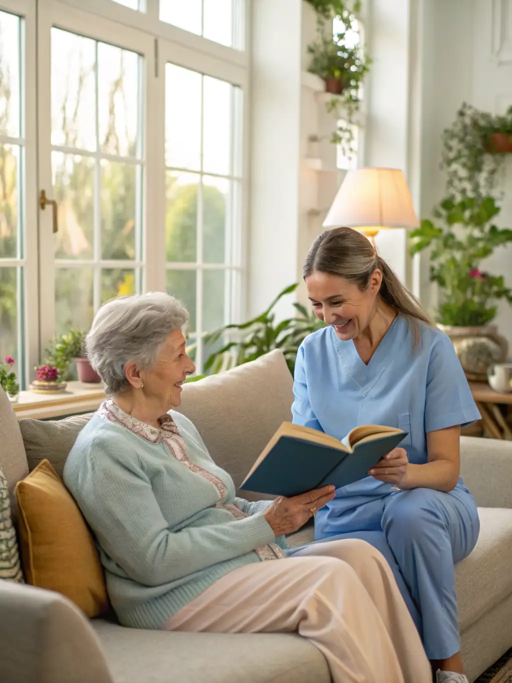 A warm, inviting image of a caregiver assisting a senior in their home, smiling and engaged in a light activity like reading a book together. The setting is a comfortable living room.